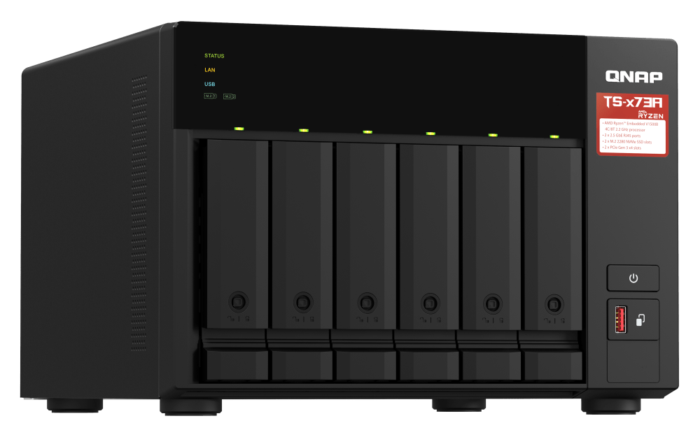 Qnap 6-Bay NAS, AMD Ryzen Embedded V1000 4 CPU, 8 GB DDR4 Memory, 6 x 3.5-inch SATA 6Gb/s, 3Gb/s, 2 PCIe Slot, USB 3.2 Gen 2 (10Gbps) Port, 250W PSU | TS-673A-8G