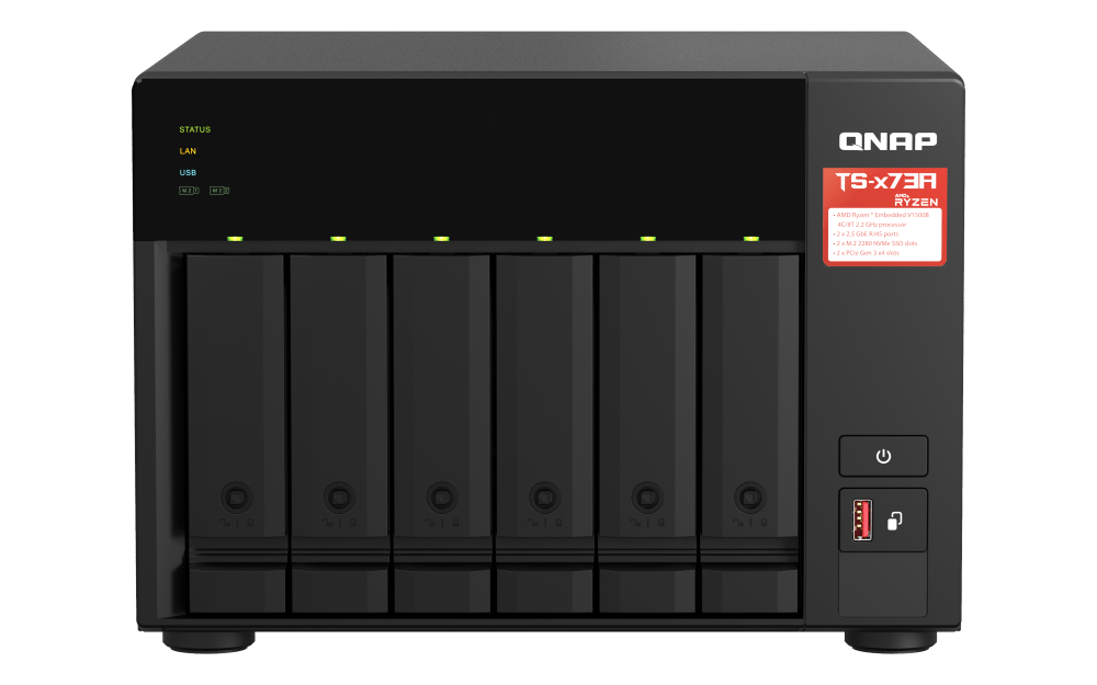 Qnap 6-Bay NAS, AMD Ryzen Embedded V1000 4 CPU, 8 GB DDR4 Memory, 6 x 3.5-inch SATA 6Gb/s, 3Gb/s, 2 PCIe Slot, USB 3.2 Gen 2 (10Gbps) Port, 250W PSU | TS-673A-8G