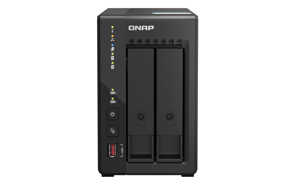 QNAP TS-253E 2 Bay High-Performance Desktop NAS - Intel Celeron J6412 Processor, 8 GB DDR4 RAM, 2 x 3.5" SATA 6Gb/s, Dual 2.5GbE Network Connectivity, 2xM.2 2280 PCIe, 2 x USB 3.2 Gen2 | TS-253E-8G