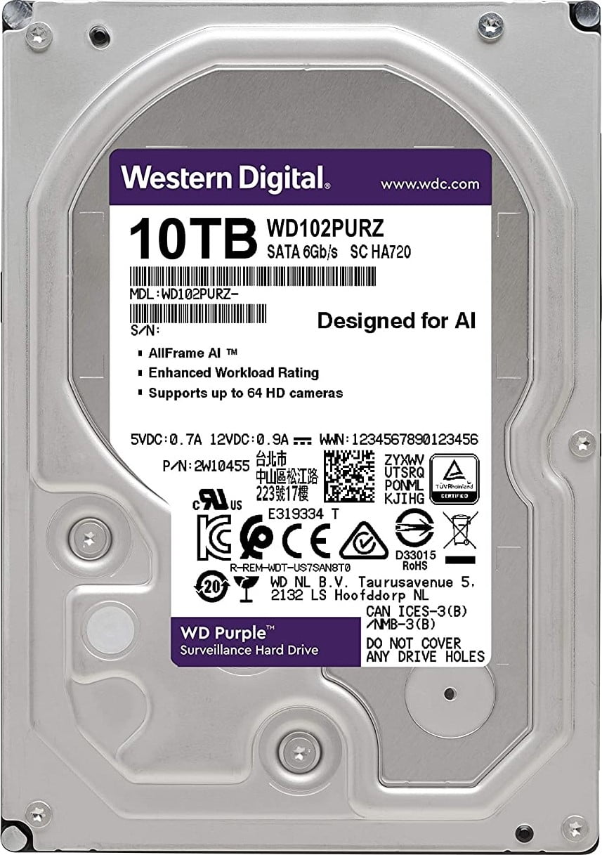 WD 10TB Surveillance Internal Hard Drive HDD - 7200 RPM Class, SATA 6 Gb/s, 265 MB Cache, 3.5", Purple | WD102PURZ / WD101PURP-74B5BY0