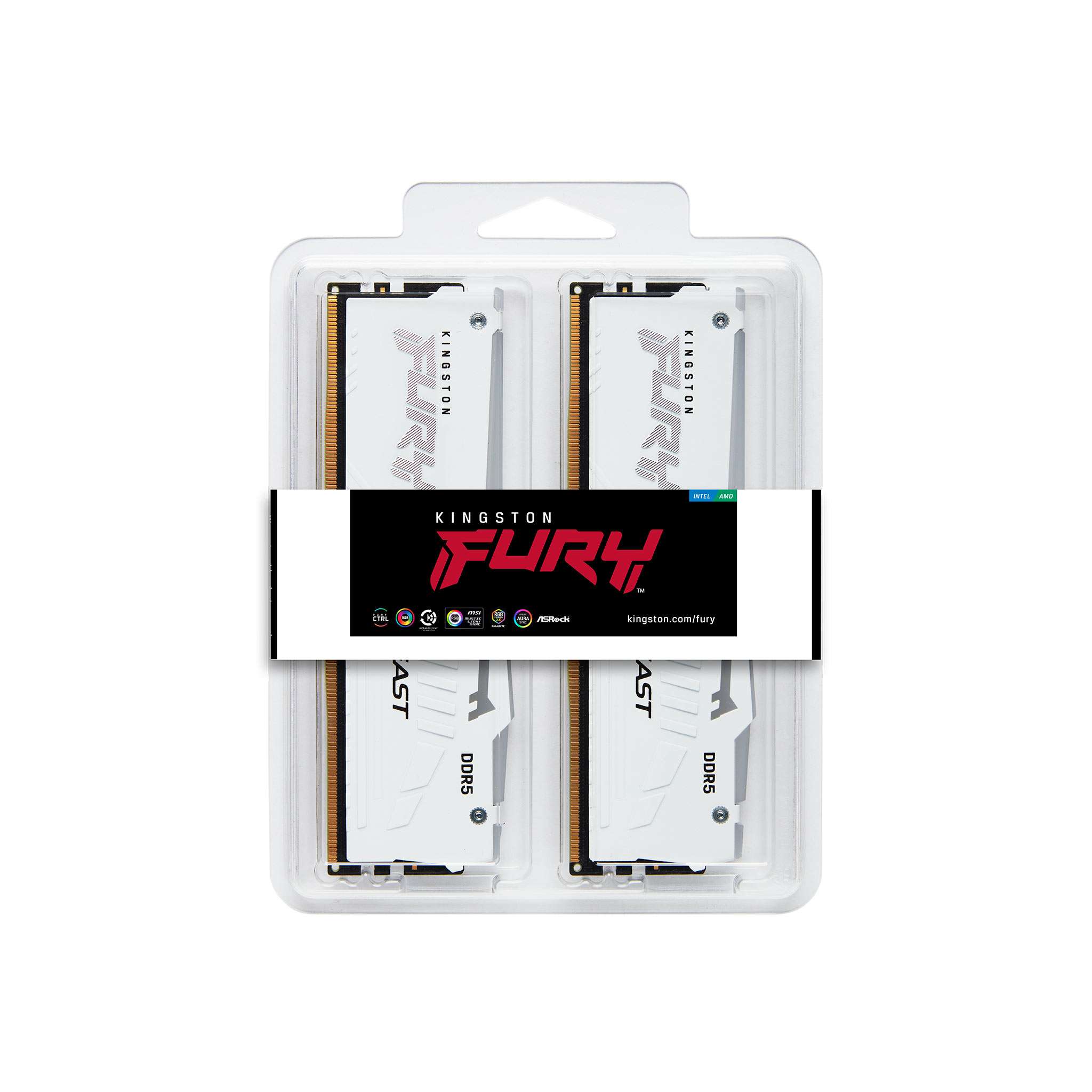 Kingston Fury Beast RGB 32GB (2x 16GB) DDR5 Desktop Memory, 5200MT/s, CL40 DIMM Cas Latency, Intel XMP 3.0, Kit of 2, White | KF552C40BWAK2-32