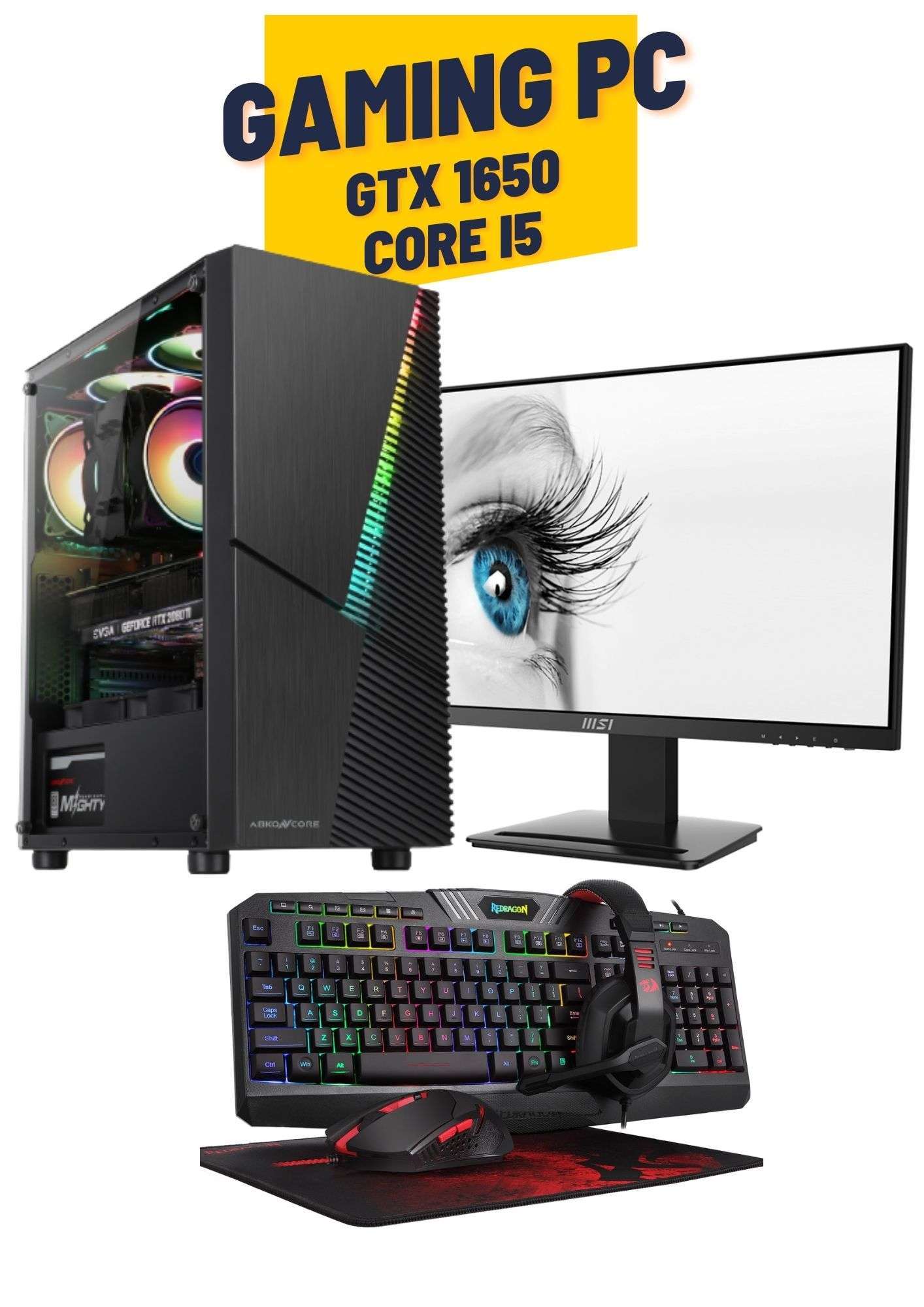 ProGamer Gaming Pc Bundle , Core i5 12400F,  FURY 16GB RGB, GTX 1650 4GB, 500GB M.2 SSD, Mid Tower RGB Case, 500W PSU, 24" 75Hhz Monitor, Gaming Keyboard, mouse, Headset & Mousepad