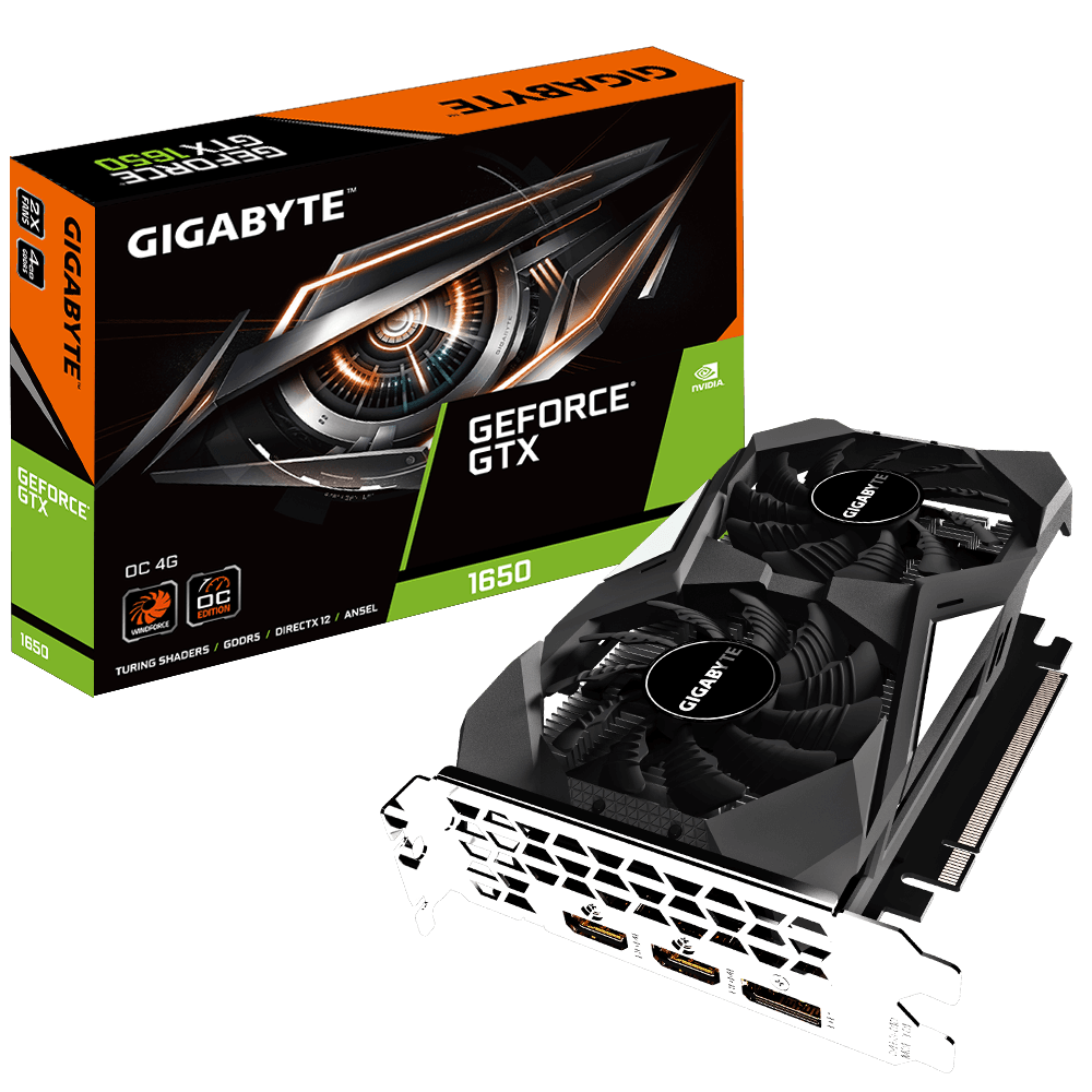 Gigabyte GTX 1650 OC 4G Graphic Card, 128-bit memory interface, PCI-Express 3.0x16, WINDFORCE 2X Cooling System | GV-N1650OC-4GD