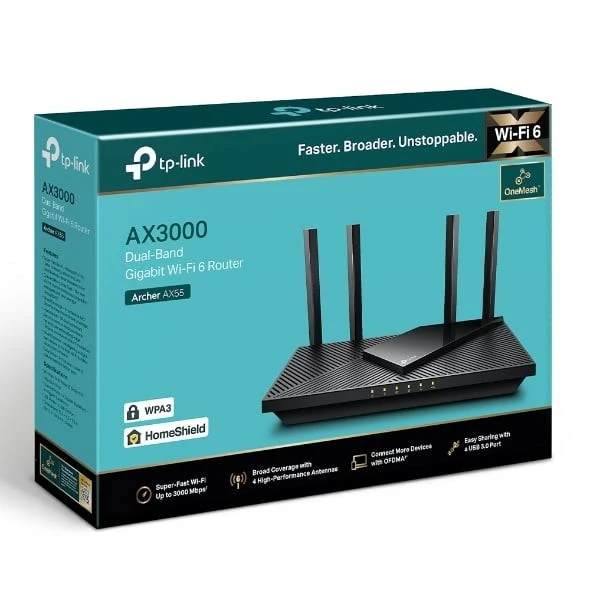 TP-Link Archer AX55 Dual-Band Gigabit Wi-Fi 6 Router, AX3000, 4 Gigabit Ports, 160MHz, OFDMA, Beamforming, Smart Connect, High-Speed Internet, Ideal for Streaming & Gaming