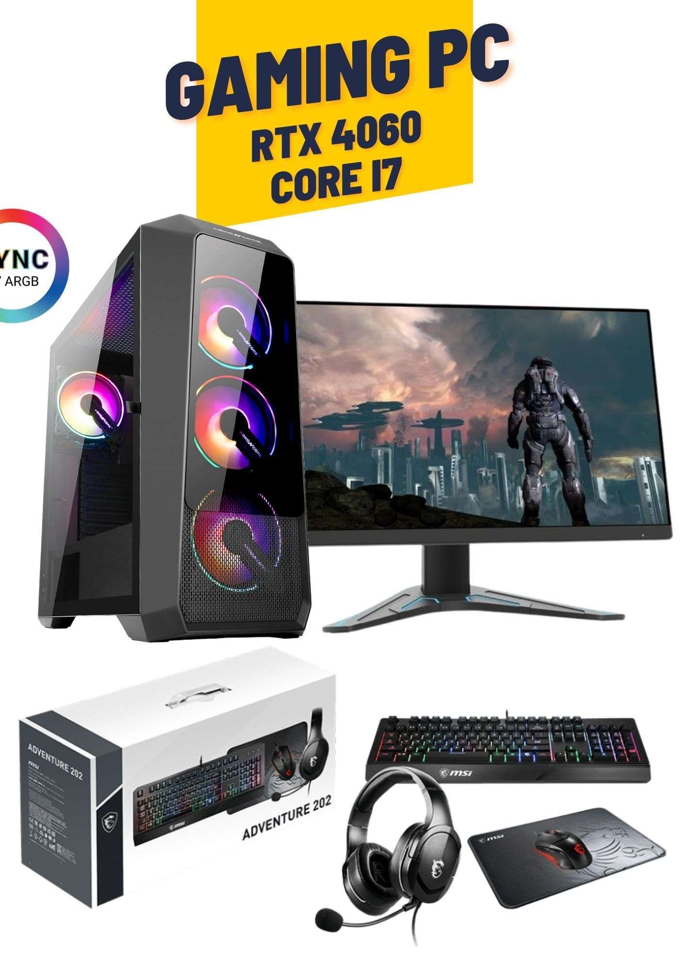 PowerPlay Gaming PC Bindle Core i7 13700KF, 16GB DDR5, RTX 4060 8GB, 1TB M.2 2280 NVMe, 750w PSU, RGB Case, 24" 144 Hz Gaming Monitor, Gaming Keyboard, mouse, Headset & Mousepad