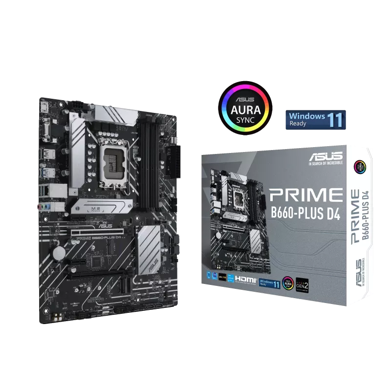 ASUS PRIME B660-PLUS D4 Motherboard LGA 1700 ATX motherboard with 8 power stages, PCIe 4.0 slots, three M.2 slots, Realtek 2.5Gb Ethernet