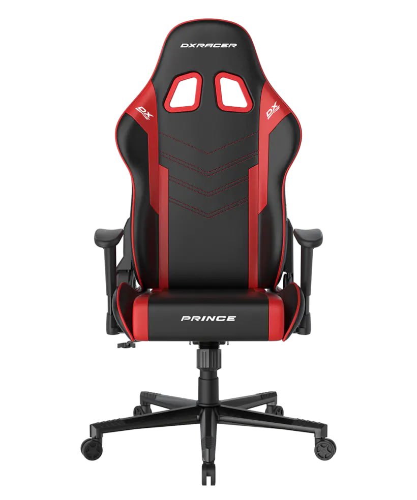 DXRacer P132 Prince Series Gaming Chair - Black/Red ,Winged Seat Cushion ,''Two Eyes'' Design ,2D Armrest ,Faux leather,Ergonomic Support | GC-P132-NR-F2-158