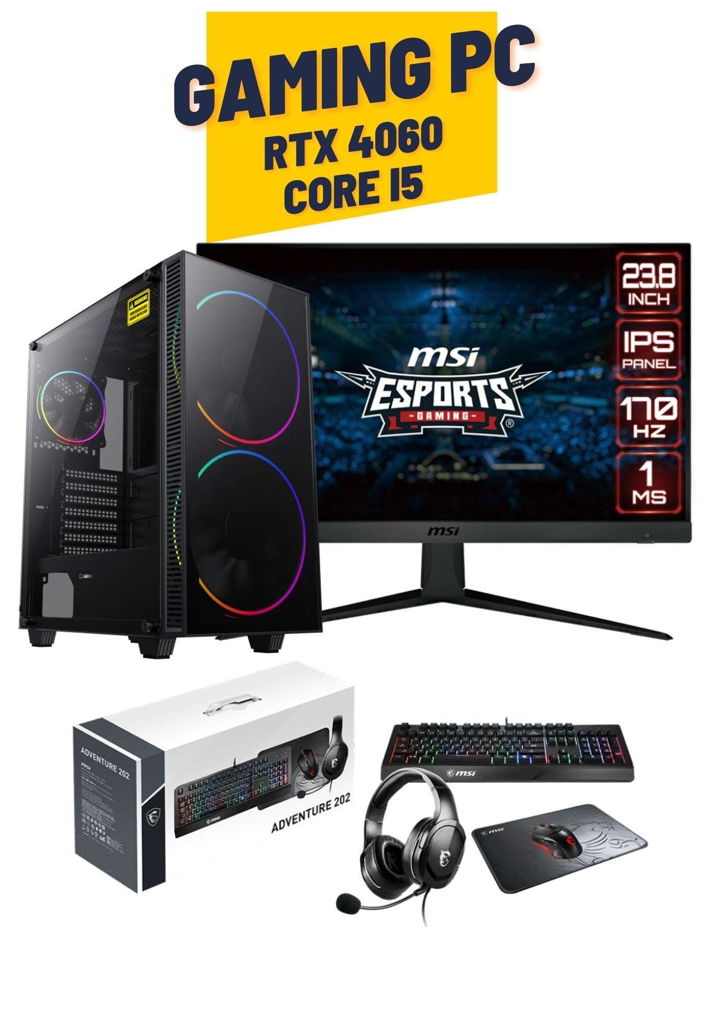 GameMaster Gaming PC Bundle Core i5 13400F,  NVIDIA RTX 4060, FURY Beast16GB DDR4, 1TB NVME SSD, RGB Case, 600W PSU, 24" Monitor 170hz, Gaming Keyboard, Mouse, Heads & Mousepad