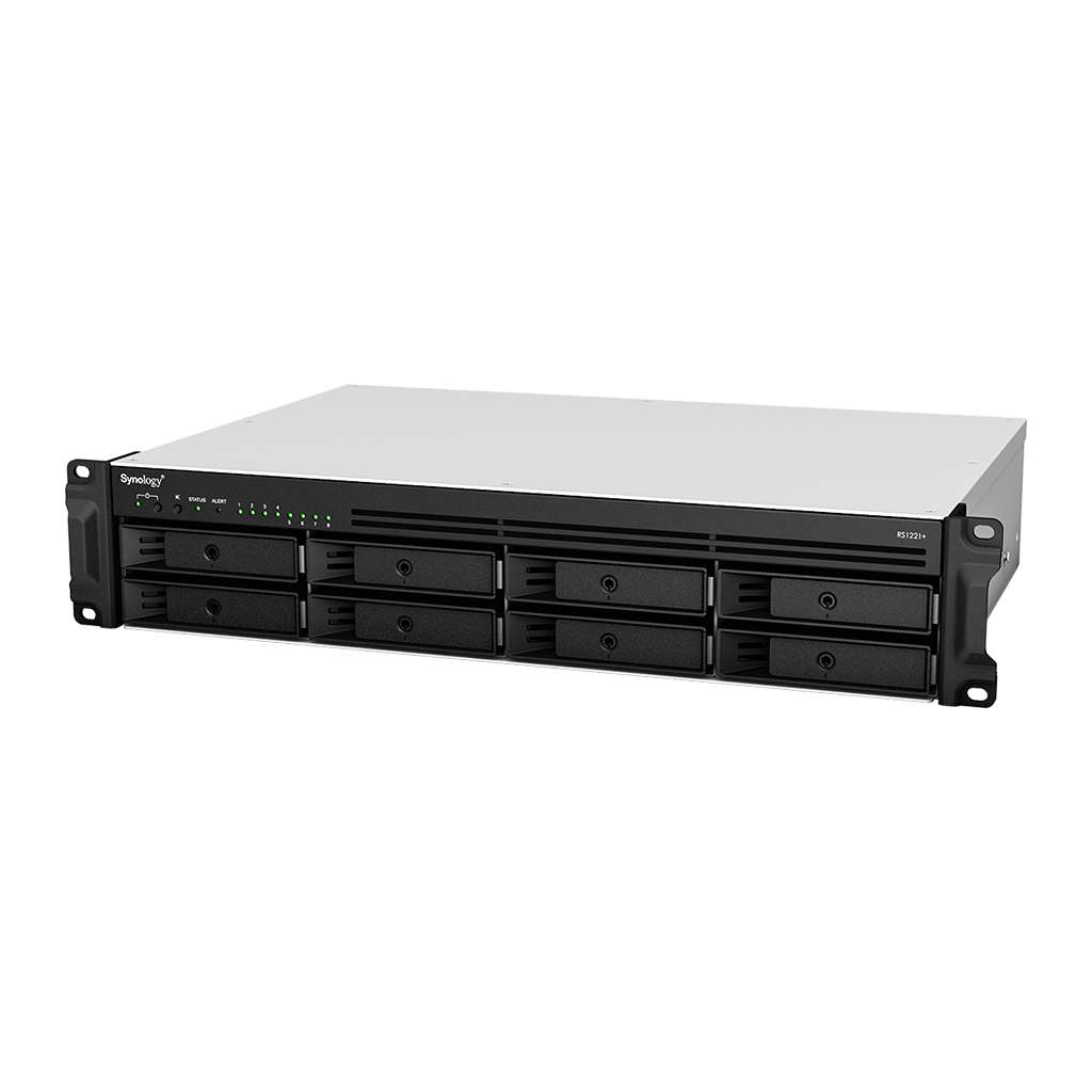 Synology RackStation 8-Bay NAS Enclosure - 8 x 3.5"/2.5" SATA Drive Bays, 4GB DDR4 RAM, 2.2 GHz AMD Ryzen V1500B, 4x Gigabit Ethernet Ports, 350W Power Supply, PCIe Gen 3.0 | RS1221RP+