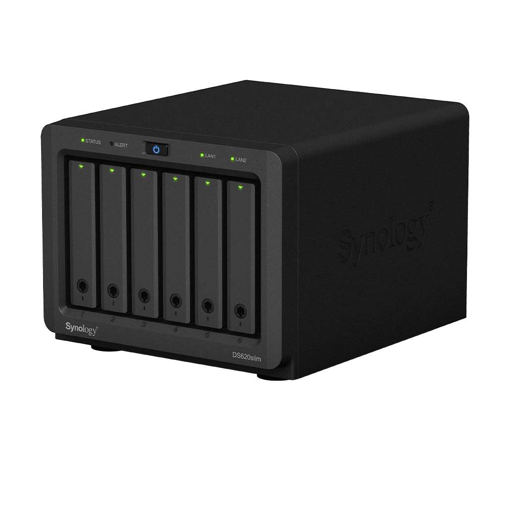 Synology DiskStation DS620slim 6-Bay NAS Enclosure - 2GB of DDR3L RAM, 2 x USB 3.0 Type-A Ports, Read Speeds up to 226 MB/s, 2 x Gigabit Ethernet Ports, Black | DS620SLIM