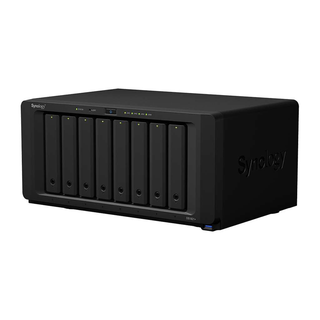 Synology DiskStation DS1821+ 8-Bay NAS Enclosure - AMD Ryzen V1500B Quad-Core 2.2GHz, 4GB DDR4 RAM, 8 x 3.5" / 2.5" SATA Drive Bays, 4x USB 3.1 Gen 1, 2 x eSATA Port, PCIe 3.0 x8, Black | DS1821+