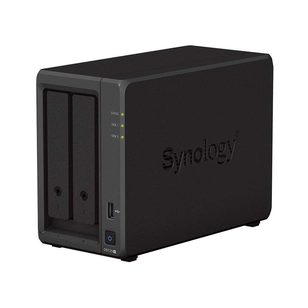 Synology DiskStation DS723+ 2-Bay NAS - 2.6GHz AMD Ryzen R1600 Dual-Core, 2GB DDR4 RAM, 2x 3.5/2.5" Bays | 2 x M.2 2280 Slots, 1x USB-A 3.2, 1x eSATA, 2x Gigabit Ethernet, Black | DS723+