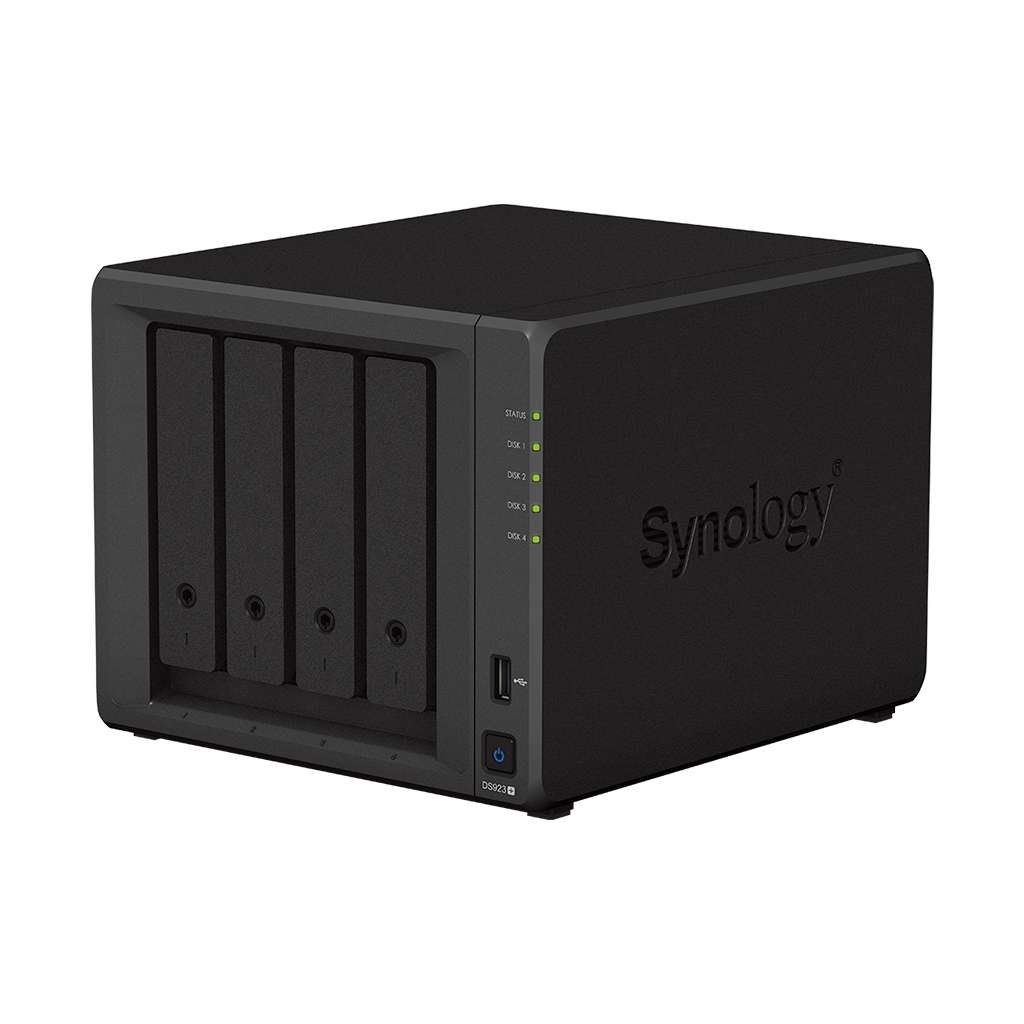 Synology DiskStation 4-Bay NAS Enclosure - Barebone Network Attached Storage, 4 GB DDR4 ECC, AMD Ryzen R1600, Compatible With 4x 2.5/3.5'' SATA, 2x M.2 2280 NVMe SSD, 2x 1GBE RJ45, Black | DS923+