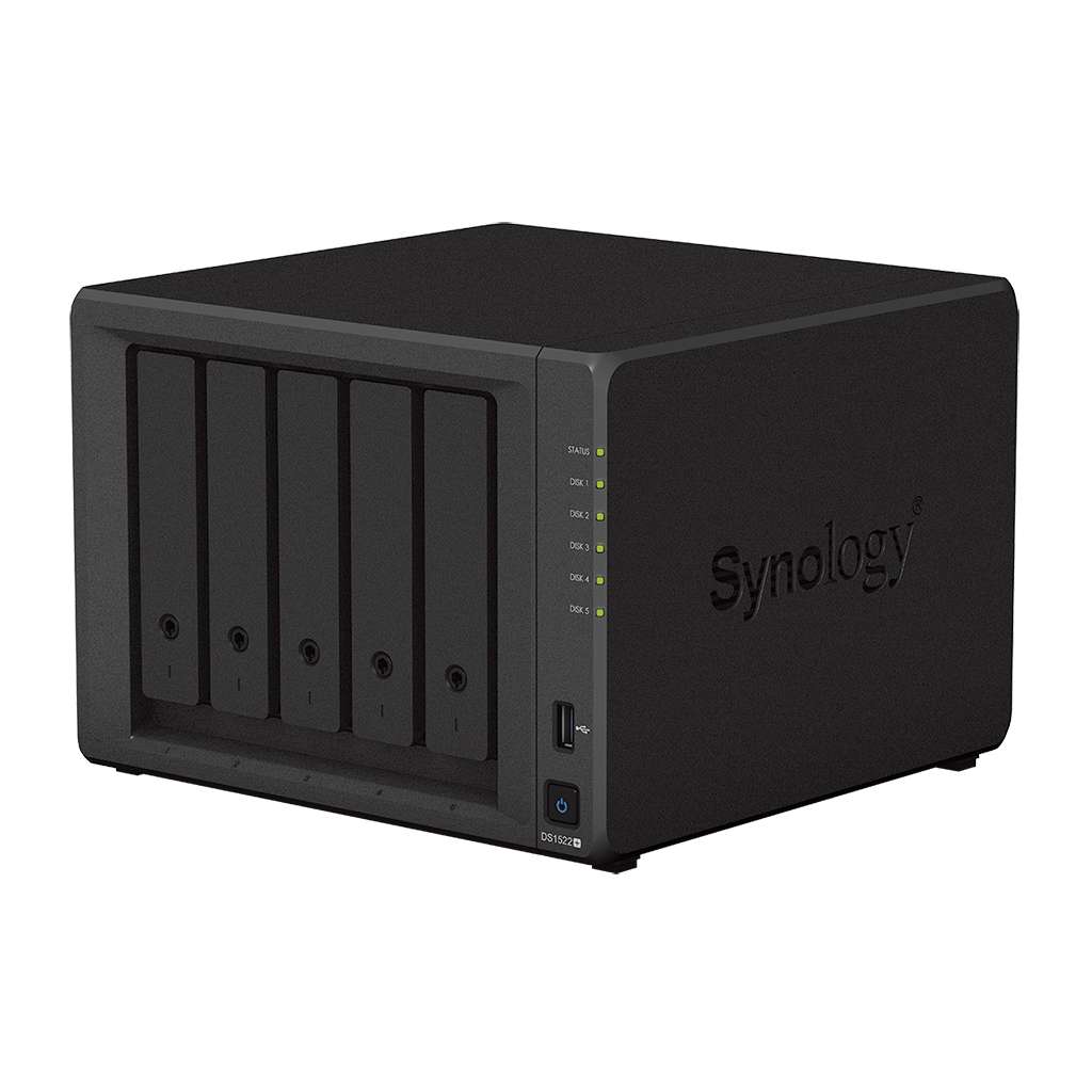 Synology DiskStation 5-Bay NAS Enclosure - 8GB DDR4 RAM, Up to 736 MB/s Read & 796 MB/s Write, Dual M.2 2280 NVMe SSD Slots, 4x Gigabit Ethernet Ports, 120W PSU, Black | DS1522+