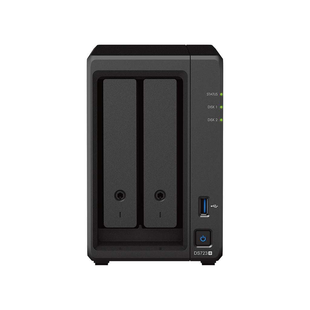 Synology DiskStation DS723+ 2-Bay NAS - 2.6GHz AMD Ryzen R1600 Dual-Core, 2GB DDR4 RAM, 2x 3.5/2.5" Bays | 2 x M.2 2280 Slots, 1x USB-A 3.2, 1x eSATA, 2x Gigabit Ethernet, Black | DS723+