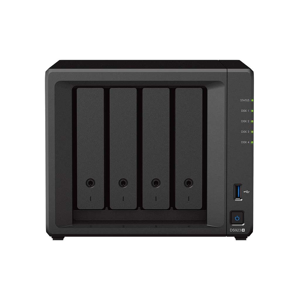 Synology DiskStation 4-Bay NAS Enclosure - Barebone Network Attached Storage, 4 GB DDR4 ECC, AMD Ryzen R1600, Compatible With 4x 2.5/3.5'' SATA, 2x M.2 2280 NVMe SSD, 2x 1GBE RJ45, Black | DS923+