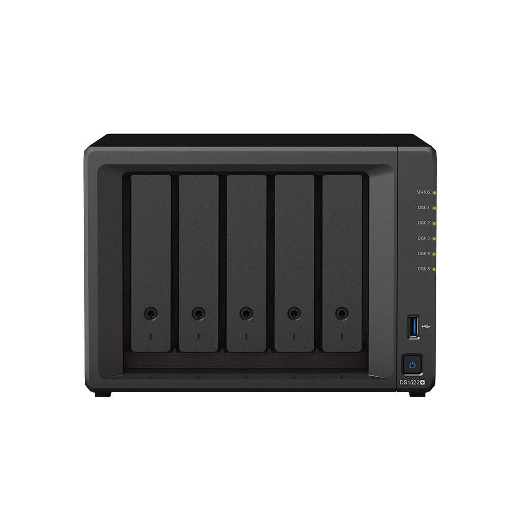 Synology DiskStation 5-Bay NAS Enclosure - 8GB DDR4 RAM, Up to 736 MB/s Read & 796 MB/s Write, Dual M.2 2280 NVMe SSD Slots, 4x Gigabit Ethernet Ports, 120W PSU, Black | DS1522+