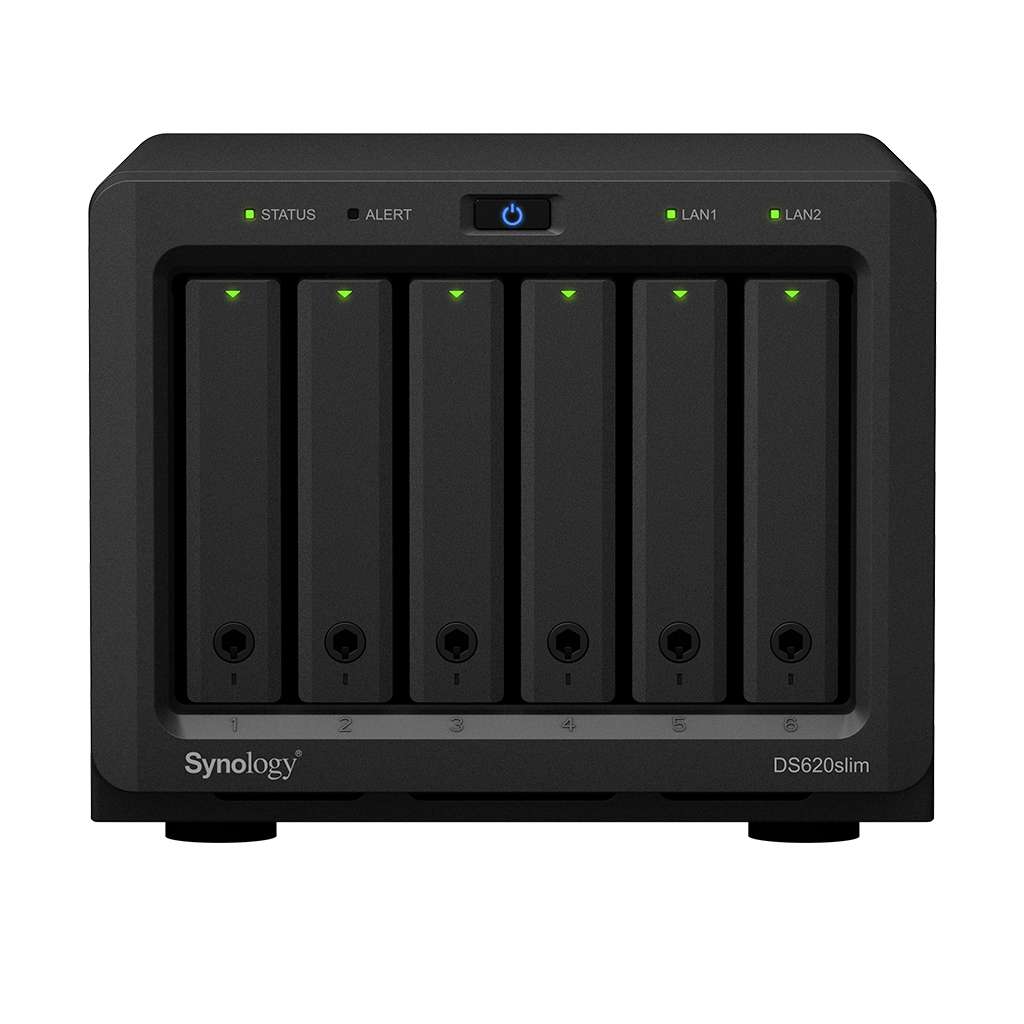 Synology DiskStation DS620slim 6-Bay NAS Enclosure - 2GB of DDR3L RAM, 2 x USB 3.0 Type-A Ports, Read Speeds up to 226 MB/s, 2 x Gigabit Ethernet Ports, Black | DS620SLIM