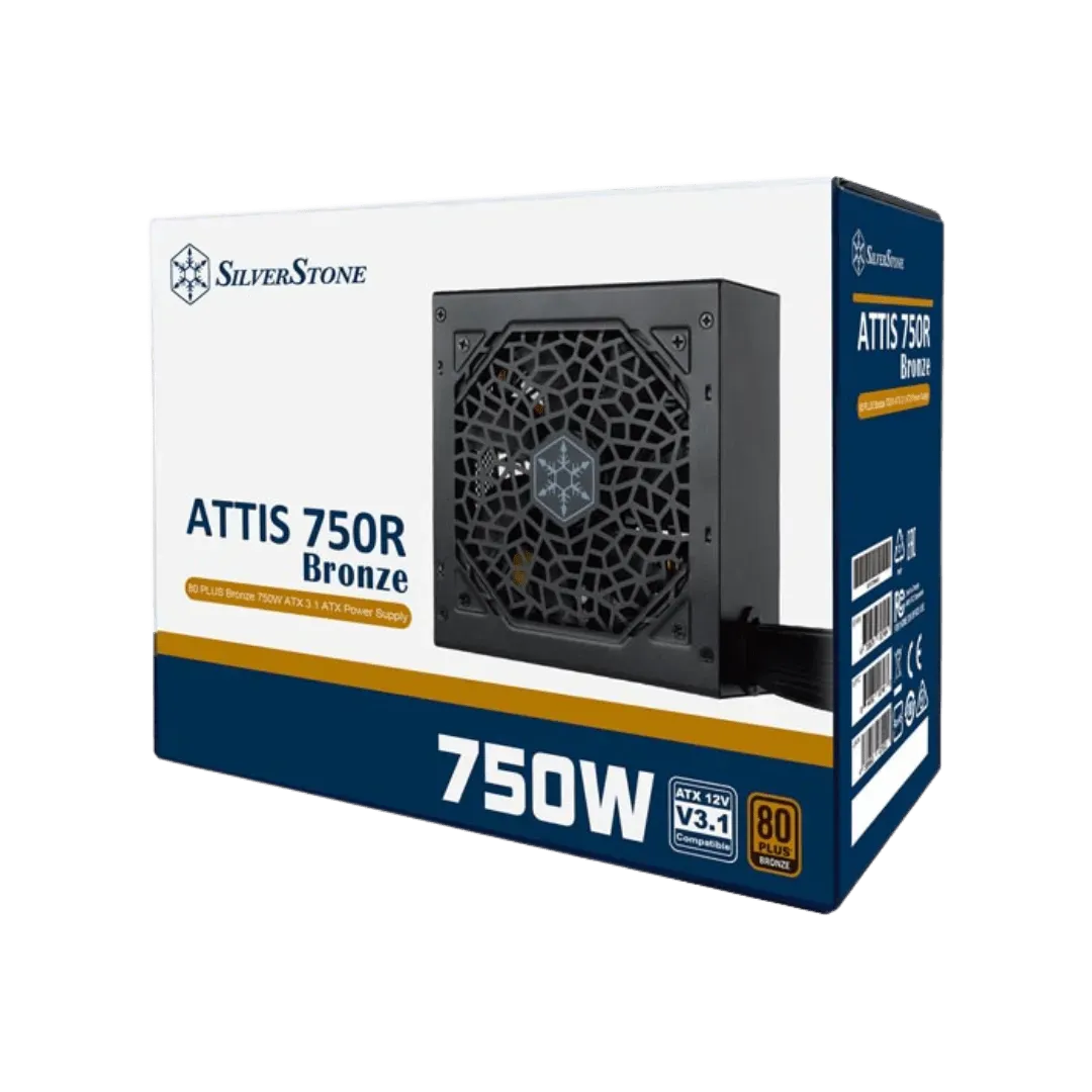 SilverStone ATTIS 750R Non-Modular Power Supply, 750W Power, 80 Plus Bronze, Silent 120mm Fan, Active PFC, Multi-Protection, ATX Form Factor, Japanese Primary Capacitor, Black | SST-AT750R-BF