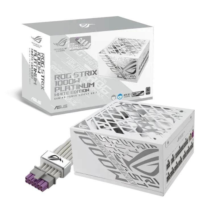 ASUS ROG Strix 1000W Platinum White Edition ATX 3.1 Power Supply Unit PSU, 80 PLUS platinum, PCIe 5.1, Dual ball fan bearings, Large ROG heatsinks, Lambda A+ Certification, 0dB technology, GaN MOSFET | 90YE00W4-B0NA00