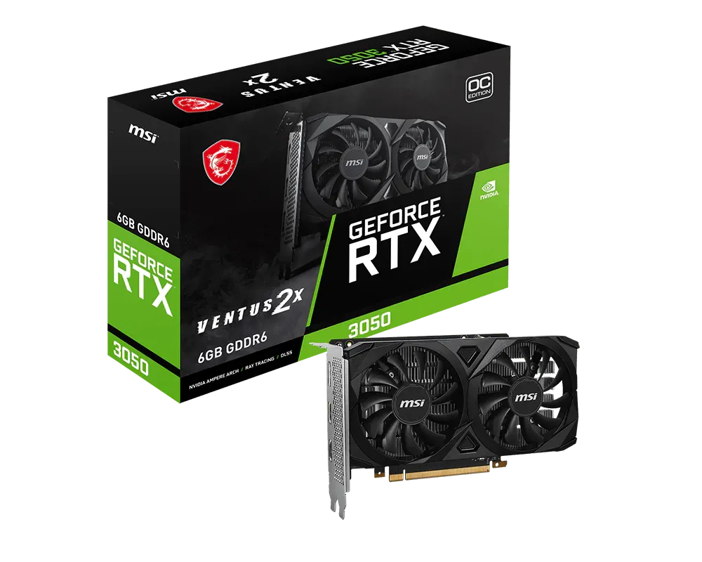 MSI NVIDIA GeForce RTX 3050 VENTUS 2X 6G OC Graphic Card, 6GB GDDR6 14 Gbps, 96-bit, 1492 MHz Max Boost, 2304 CUDA Cores, 2x HDMI, 1x DP, Black | 912-V812-016