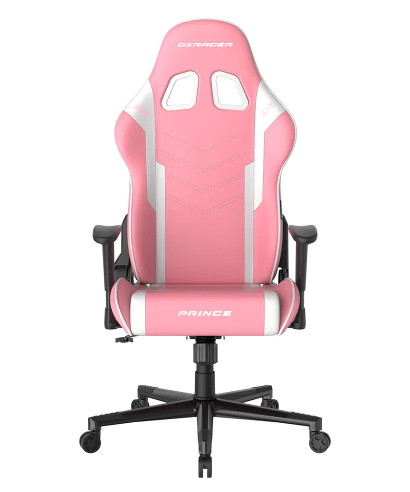 DXRacer P132 Prince Series Gaming Chair - Pink/White ,Winged Seat Cushion ,''Two Eyes'' Design ,2D Armrest ,Faux leather,Ergonomic Support | GC-P132-PW-F2-158