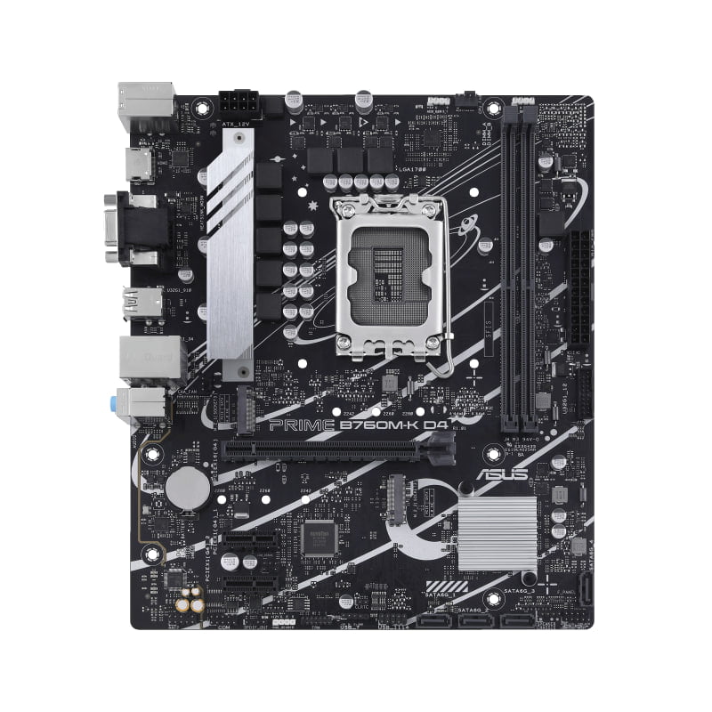 Asus PRIME B760M-K D4  Prime B760M-K D4, an Intel® B760 LGA 1700 mATX motherboard with PCIe 4.0, two PCIe 4.0 M.2 slots, DDR4, Realtek 2.5Gb Ethernet, VGA, HDMI® | 90MB1DS0-M0EAY0