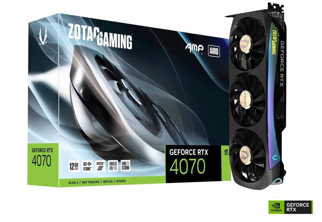 ZOTAC Gaming GeForce RTX 4070 AMP AIRO DLSS 3 12GB GDDR6X 192-bit 21 Gbps PCIE 4.0 Gaming Graphics Card, IceStorm 2.0 Advanced Cooling, Spectra 2.0 RGB Lighting, DisplayPort X3, HDMI X1 |  ZT-D40700F-10P